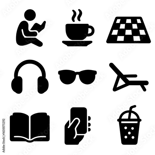 Outdoor Leisure Icons. Solid, filled icons set of people relaxing outdoors: reading person, coffee cup, picnic