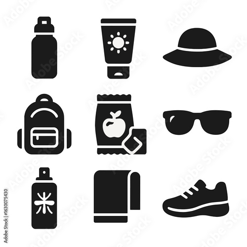 Outdoor Playtime Essentials. Solid, filled icons set of outdoor playtime essentials: water bottle, sunscreen,