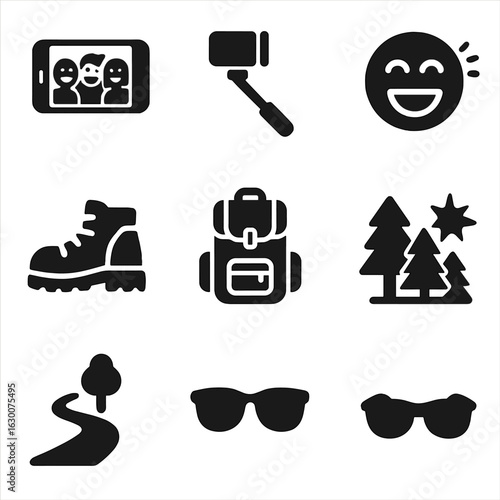 Outdoor Selfie Icons. Solid, filled icons set of Fun selfie with friends outdoor: smartphone, selfie stick,