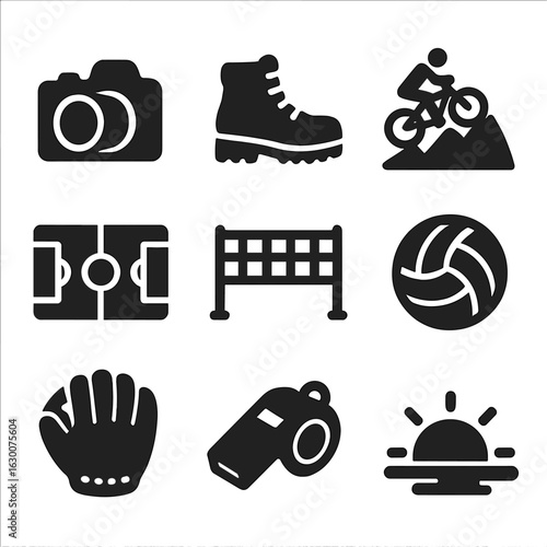 Outdoor Sports Icon Grid. Solid, filled icons set of outdoor sports photography: camera with zoom lens, hiking