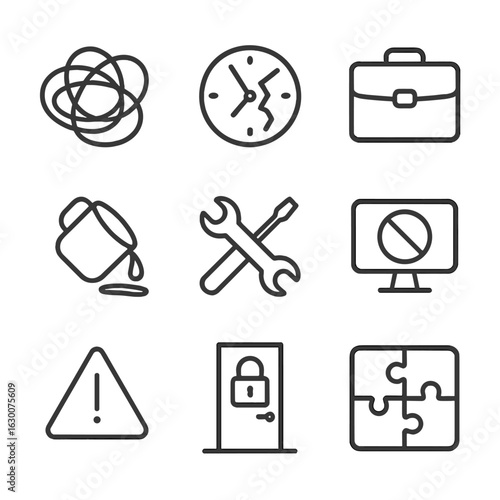 Workplace Frustration Icons. Outline icon set of helplessness in work: tangled wires, broken clock, empty briefcase, spilled