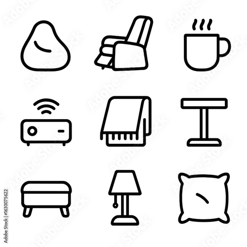 Lounge Comfort Icons. Outline icon set of lounge comfort: bean bag, recliner chair, coffee mug, streaming device, blanket throw,