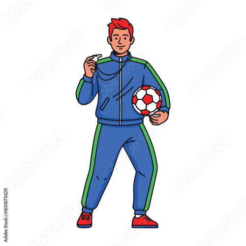 A young male soccer coach in a blue tracksuit holds a ball and blows a whistle. This vector illustration represents athletic training and leadership.
