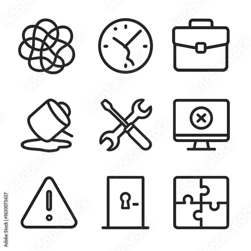 Workplace Frustration Icons. Outline icon set of helplessness in work: tangled wires, broken clock, empty briefcase, spilled