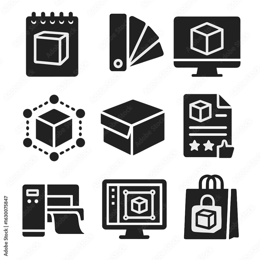 Packaging Design Icons. Solid, filled icons set of packaging design process: sketchpad, color palette, Packaging Design Icons. Solid, filled icons set of packaging design process: sketchpad, color palette,