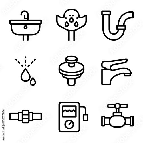 Overflow Protection Icons. Outline icon set of Overflow protection in sinks: sink basin, overflow channel,