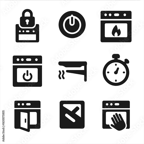 Oven Safety Icons. Solid, filled icons set of oven safety features: child lock, oven knob, temperature warning