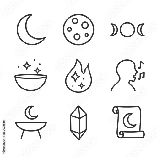 Lunar Ritual Icons. Outline icon set of lunar rituals: crescent moon, full moon, moon phases, starlight bowl, celestial flame,