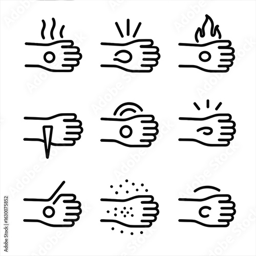Wound Pain Icon Set. Outline icon set of wound pain and sensation: throbbing pain, sharp pain, burning sensation, numbness,