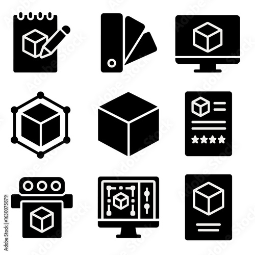Packaging Design Icons. Solid, filled icons set of packaging design process: sketchpad, color palette,