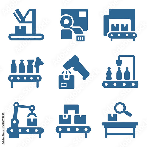 Packaging Equipment Icons. Solid, filled icons set of packaging plant equipment blueprints: carton folder