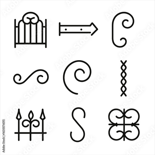 Wrought Iron Icons. Outline icon set of wrought iron details: gate scroll, hinge arm, scroll bracket, curl rail, top spiral,
