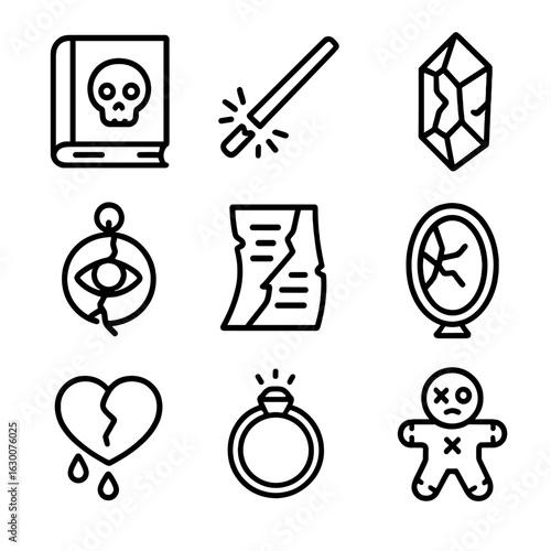 Madness Artifacts Icons. Outline icon set of madness artifacts: cursed book, broken wand, cracked crystal, shattered amulet, torn