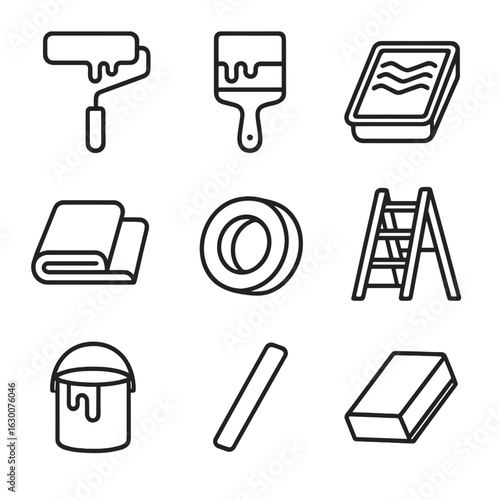 Painting Tools Icons. Outline icon set of painting walls: paint roller, paintbrush, paint tray, drop cloth,