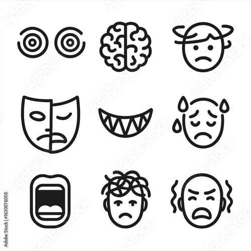 Madness Icons Grid. Outline icon set of madness emotions: wild eyes, chaotic brain, swirling thoughts, broken mask, jagged smile,
