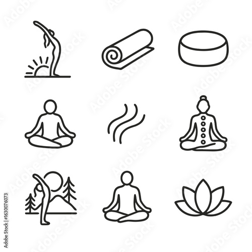 Yoga Icon Set. Outline icon set of yoga at first light: sun salutation pose silhouette, yoga mat roll, meditation cushion, lotus