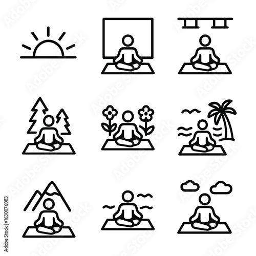 Yoga Icon Set. Outline icon set of yoga environment: sunrise, nature, indoors, studio, garden, beach, mountain, calm water, open