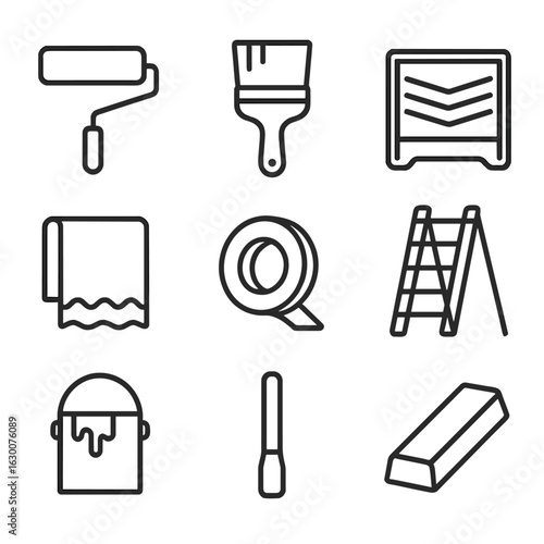Painting Tools Icons. Outline icon set of painting walls: paint roller, paintbrush, paint tray, drop cloth,
