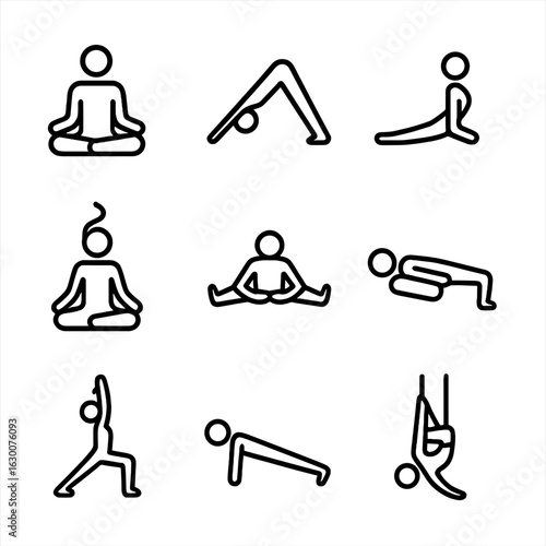 Yoga Styles Icons. Outline icon set of yoga styles: hatha, vinyasa, ashtanga, kundalini, yin, restorative, bikram, power, aerial.