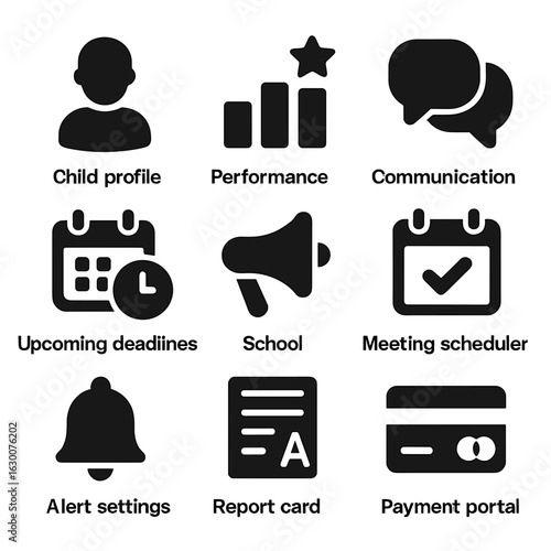 Parent Portal Icons. Solid, filled icons set of parent portal: child profile, performance overview,
