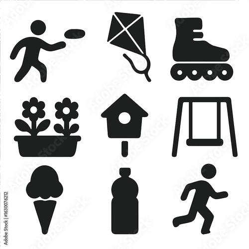 Park Activity Icons. Solid, filled icons set of park leisure activities: frisbee, kite, rollerblades, jogging