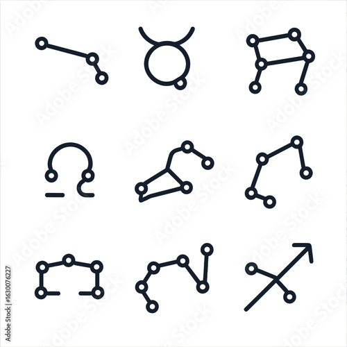 Zodiac Constellation Icons. Outline icon set of zodiac constellations: Aries, Taurus, Gemini, Cancer, Leo, Virgo, Libra, Scorpio,
