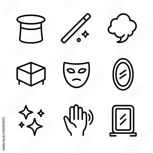Magic Trick Icons. Outline icon set of disappearance tricks: magician hat, magic wand, smoke puff, disappearing box, illusion mask