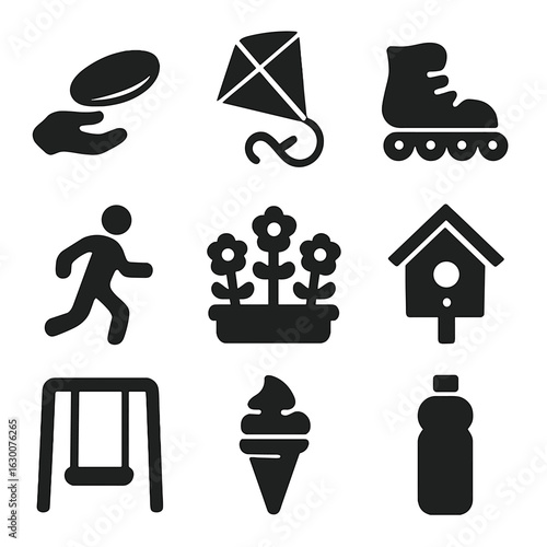 Park Activity Icons. Solid, filled icons set of park leisure activities: frisbee, kite, rollerblades, jogging