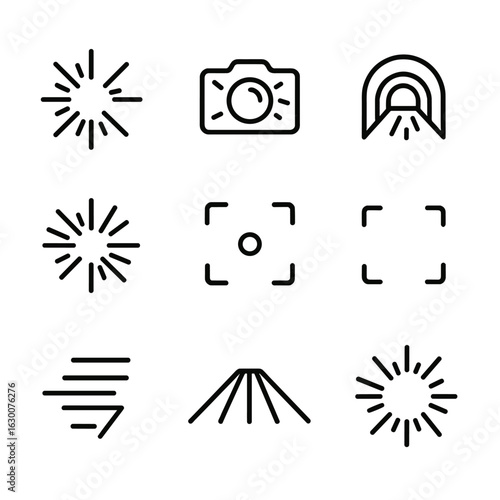 Zoom Blur Icons. Outline icon set of zoom blur: stretching lines, zooming camera, speeding tunnel, radial streaks, focused center