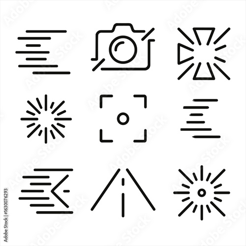 Zoom Blur Icons. Outline icon set of zoom blur: stretching lines, zooming camera, speeding tunnel, radial streaks, focused center