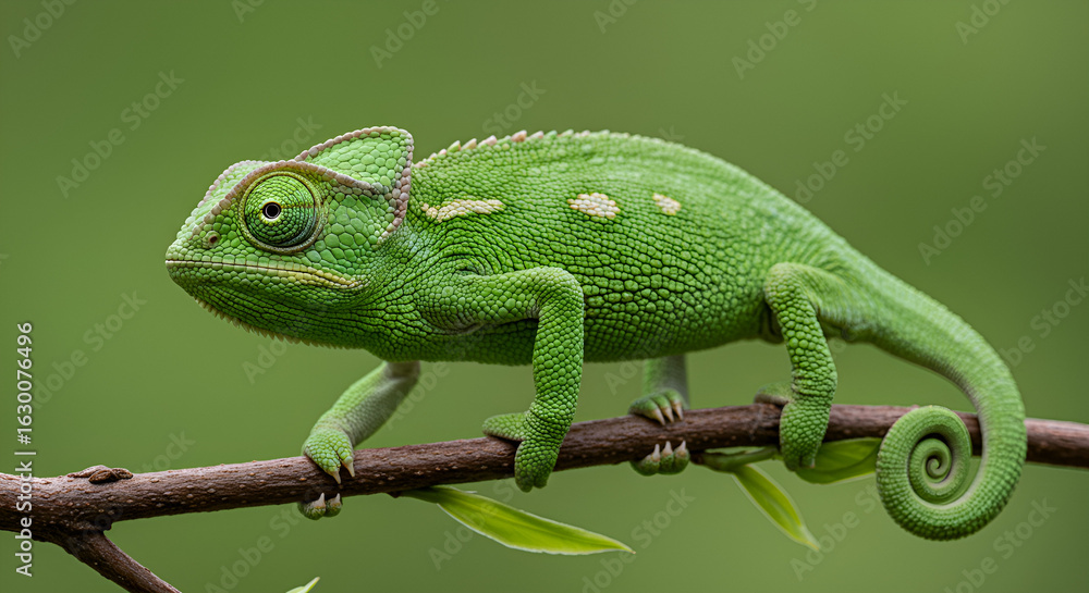 Fototapeta premium Green chameleon climbing a branch with green background. Detailed skin texture and curled tail clearly visible.