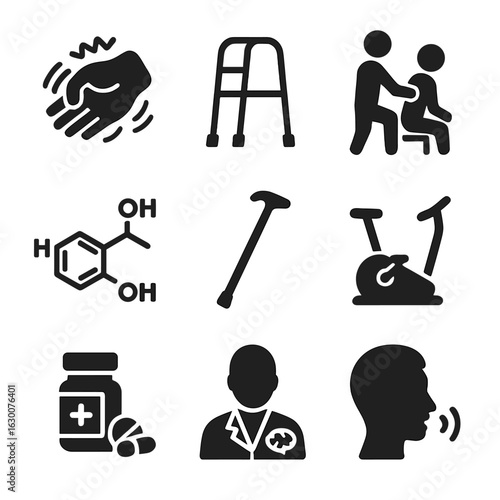 Parkinson's Treatment Icons. Solid, filled icons set of Parkinson’s disease features and treatment: shaking