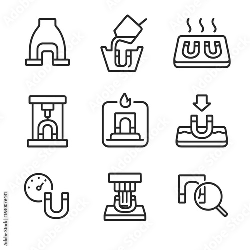 Magnet Manufacturing Icons. Outline icon set of magnet manufacturing: smelting furnace, casting mold, cooling tray, magnet