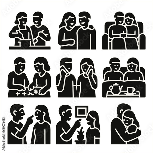 Partners Bonding Icons. Solid, filled icons set of partners bonding at home: cooking meals, laughing together,