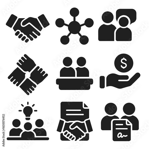 Partnership Icons Grid. Solid, filled icons set of partnerships and collaborations: handshake, network nodes,