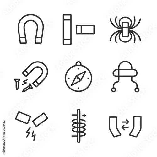 Magnetic Tools Icons. Outline icon set of magnetic tools: horseshoe magnet, bar magnet, magnetic field lines, magnet attracting