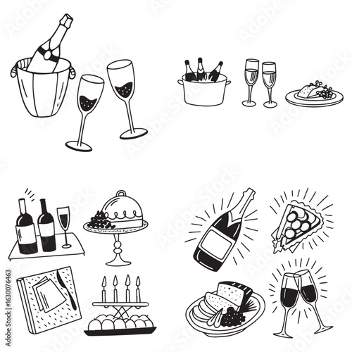Hand-drawn ink line food and wine or champagne drawings.vector