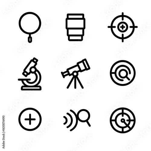 Magnification Icon Set. Outline icon set of magnification concepts: magnifying glass, zoom lens, binoculars, microscope, telescope