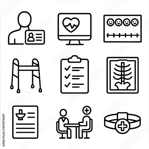 Patient Evaluation Icons. Outline icon set of patient evaluation process: patient profile, heart rate monitor,