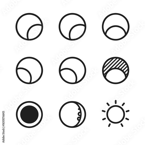 Eclipse Phases Icons. Outline icon set of eclipse phases: first contact, second contact, maximum eclipse, third contact, fourth