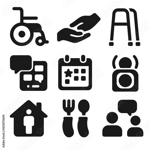 Patient Support Icons. Solid, filled icons set of patient support and daily assistance: wheelchair, help hand,