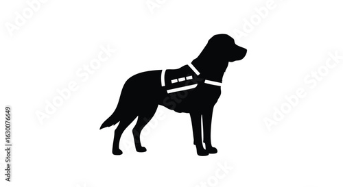 Silhouette of a service dog standing in profile, wearing a harness, against a white background.