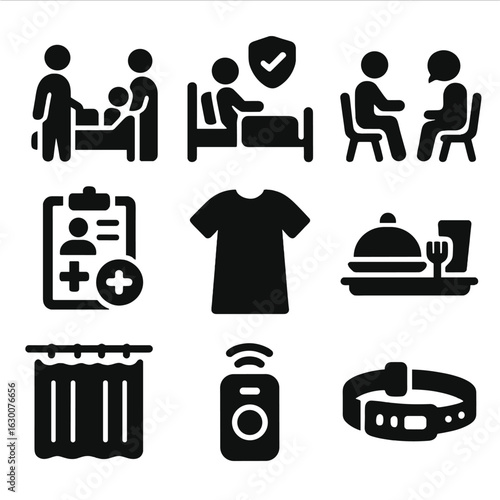 Patient Support Icons. Solid, filled icons set of patient support: family visitor, patient advocate,