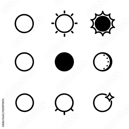 Eclipse Phases Icons. Outline icon set of eclipse phases: first contact, second contact, maximum eclipse, third contact, fourth