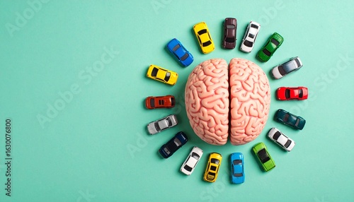 Toy cars circle a brain model, a metaphor for racing thoughts and anxiety overload concept.