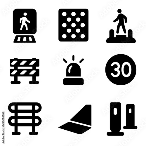 Pedestrian Safety Icons. Solid, filled icons set of Pedestrian safety features: crosswalk lights, tactile