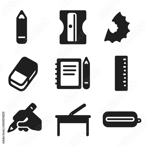 Pencil Sharpening Icons. Solid, filled icons set of Sharpening pencils: pencil, sharpener, shavings, eraser,