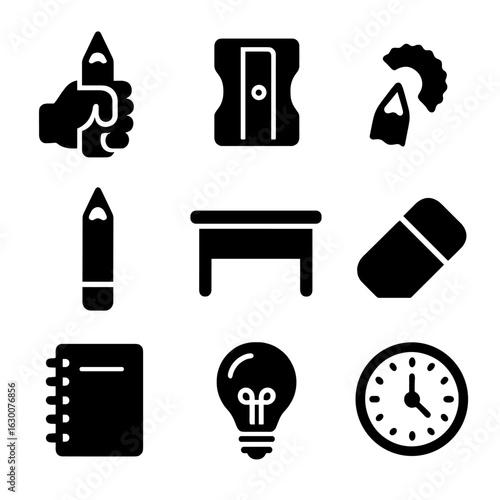 Pencil Sharpening Icons. Solid, filled icons set of Pencil sharpening process: hand holding pencil, sharpener,