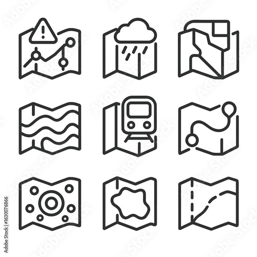 Map Overlay Icons. Outline icon set of map overlays: traffic overlay, weather overlay, satellite overlay, terrain overlay, public