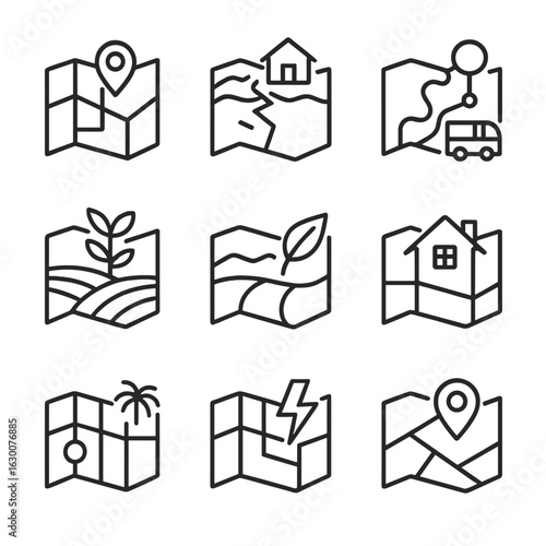 Mapping Application Icons. Outline icon set of mapping applications: urban planning, disaster management, transportation,